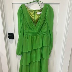 Mac Duggal | Green Ruffled Long Sleeve Gown (Size 6)
